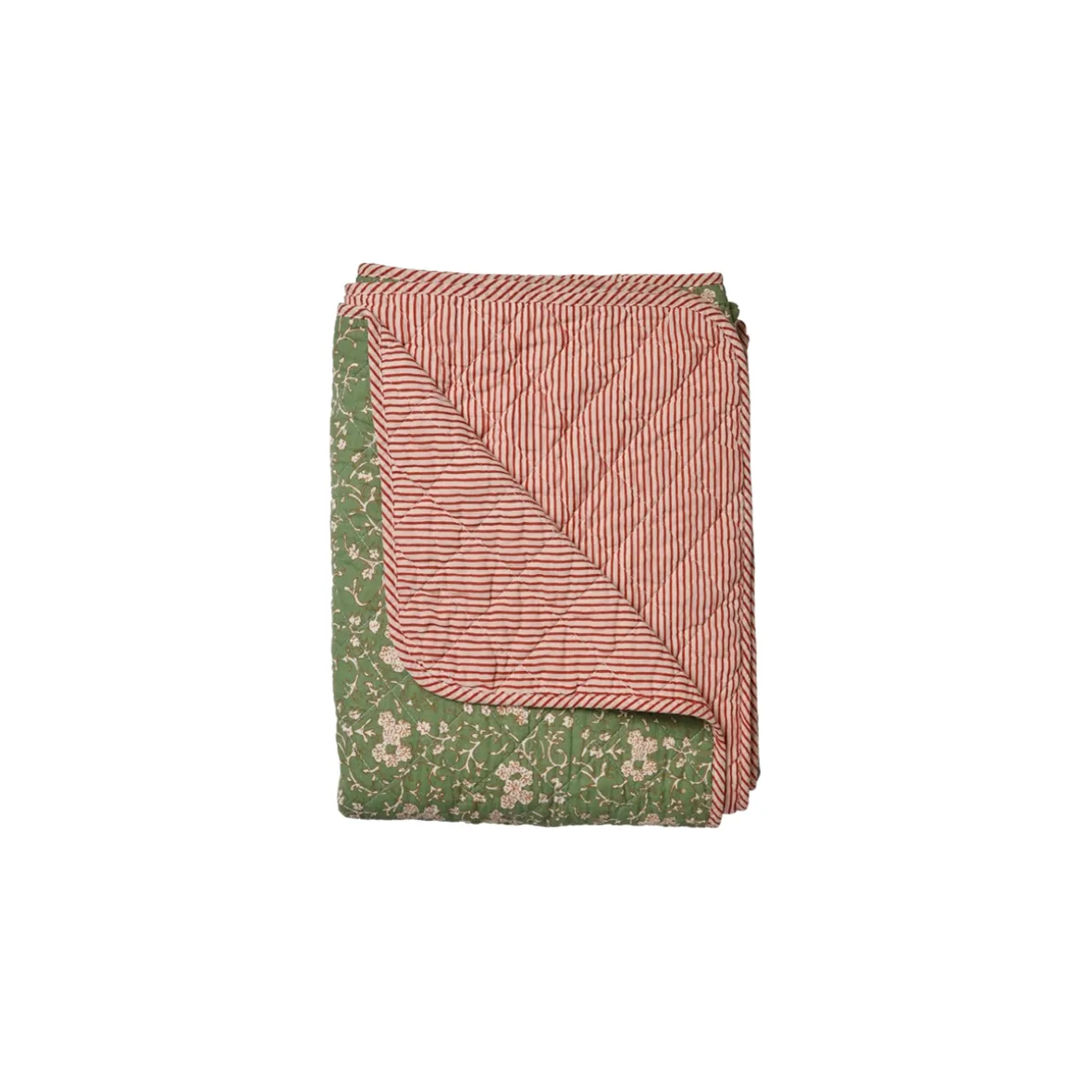 Quilt - Grønne blomster m. stribet bagside