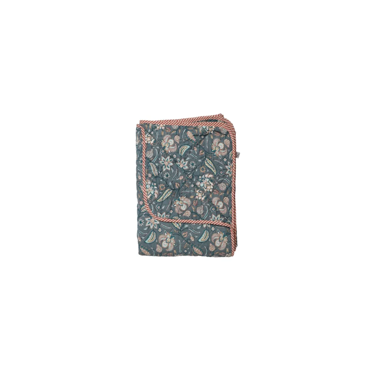 Quilt tæppe - Blå blomst m. rødstribet kant